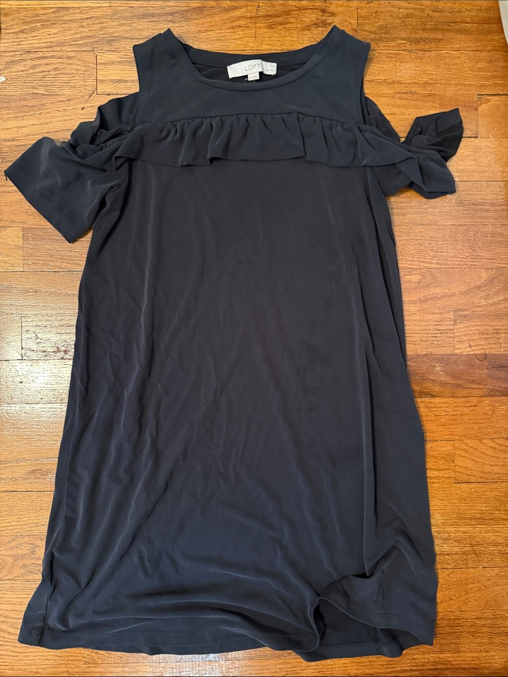 LOFT Navy Cold-Shoulder Ruffle Shift Dress